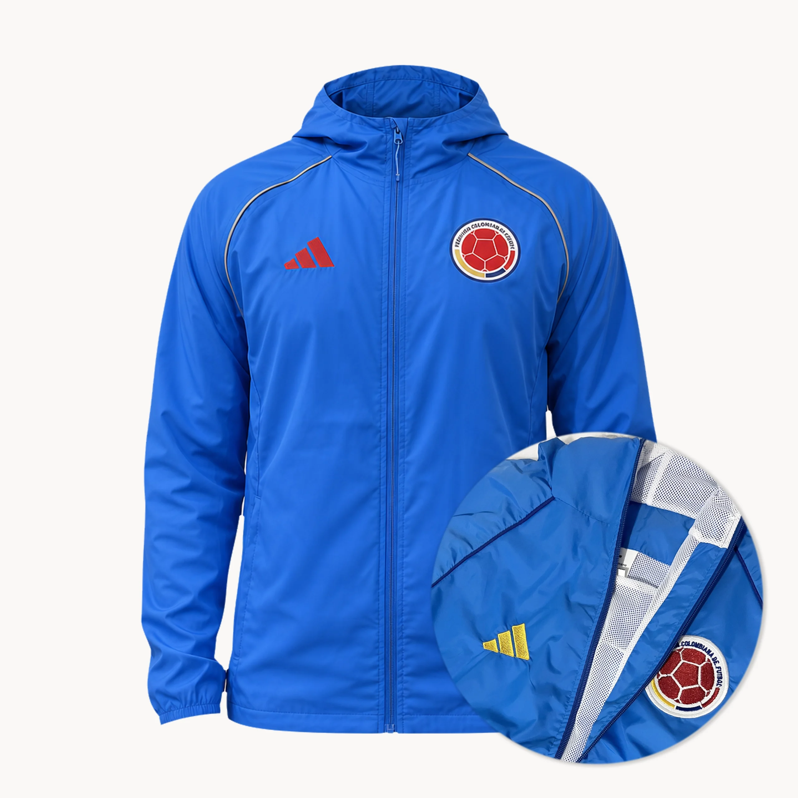 chaqueta selección colombia, azul azul logos bordados