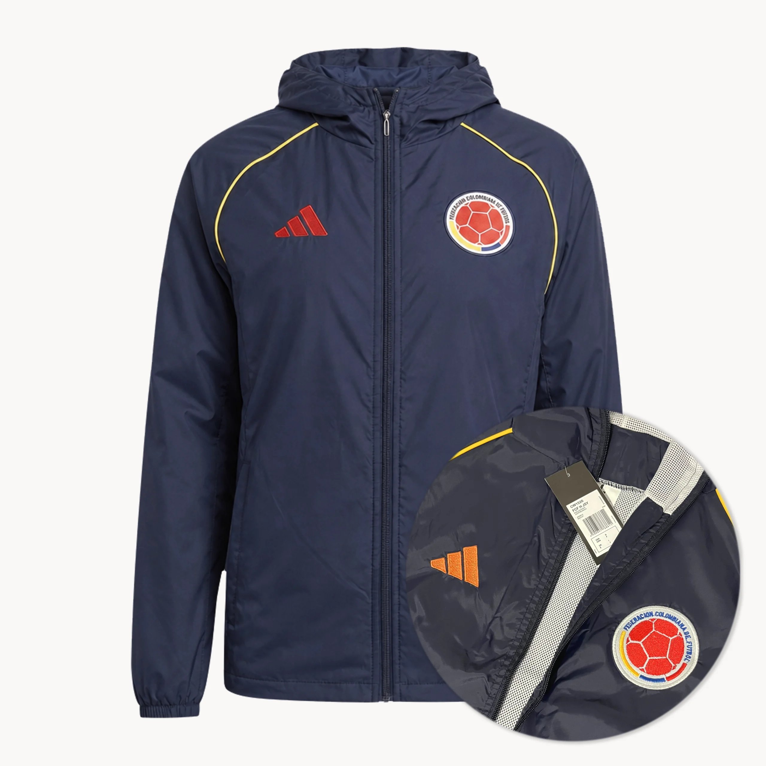 chaqueta selección colombia, azul logos bordados