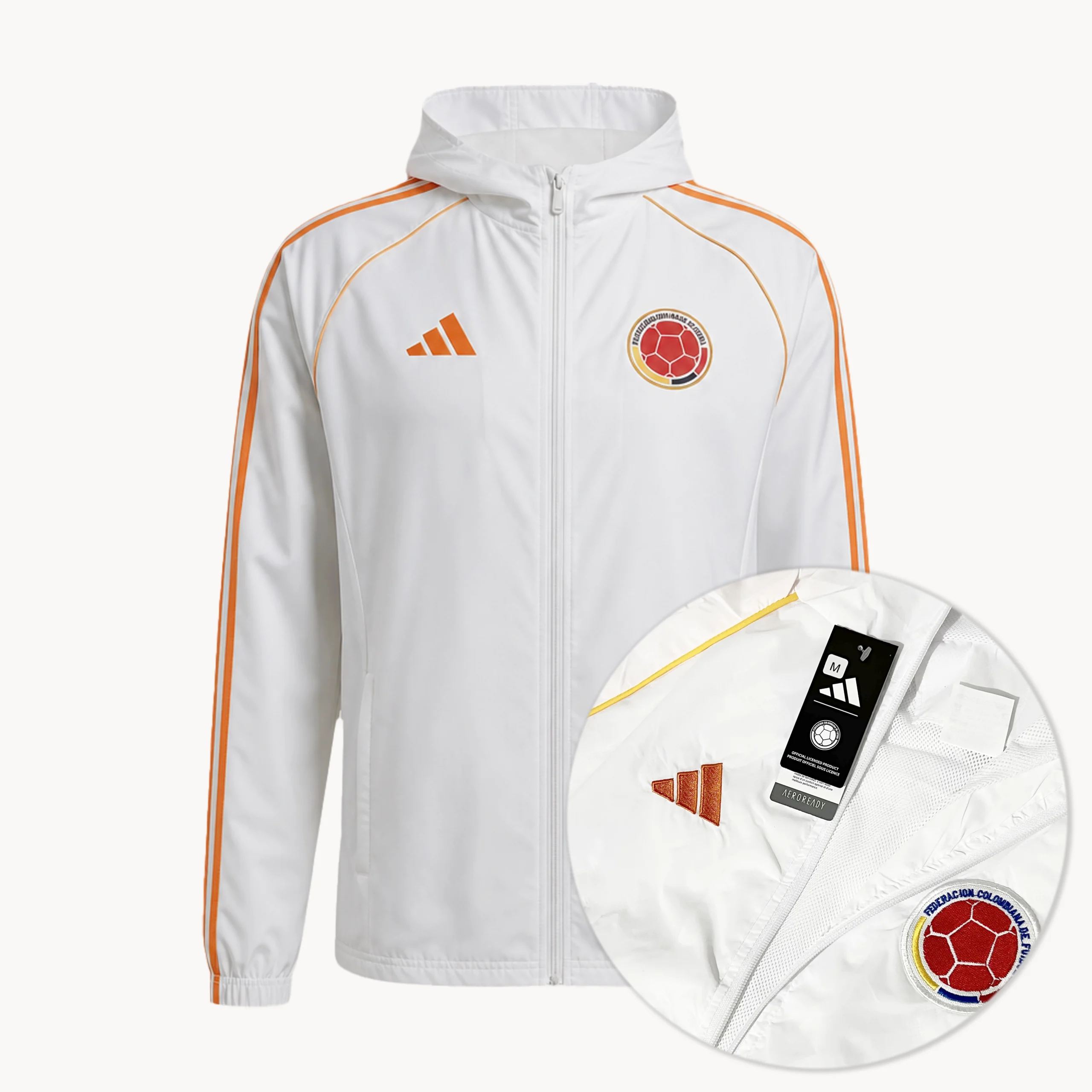 chaqueta selección colombia, blanca logos bordados